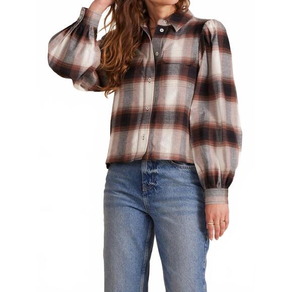 BOBI Tops - NEW BOBI crop puff sleeve with pocket shirt in brown plaid